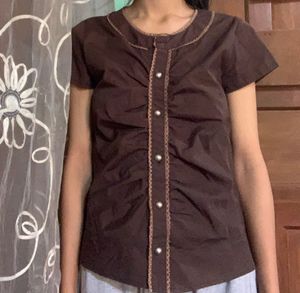 Brown Button-Up Short Sleeve Top