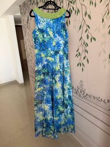 Blue Floral Maxi Dress with Embellished Neckline