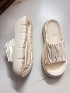 Cream Ruched Platform Slides