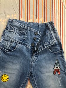 Blue Ribbed Jeans With Patchwork