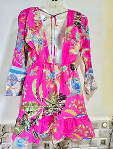 Vibrant Pink Floral Mini Dress Size S-M 32"-36"