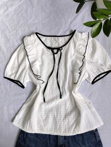 Chic White Puff Sleeve Top with Black Trim