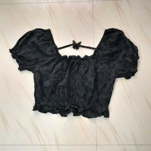 Black Puff Sleeve Butterfly Crop Top
