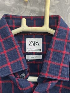 Zara Men's Navy &amp; Red Checkered Shirt