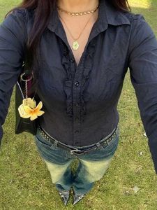 🖤🪞 Chic Black Ruffled Button-Up Shirt 🪞🖤