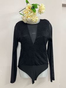 Deep Neck Lace Black Classy Bodysuit