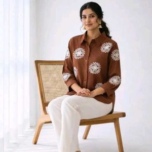 Chic Brown Floral Embroidered Shirt