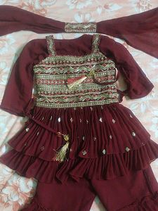 Maroon Ruffled Kurta Set with Dupatta