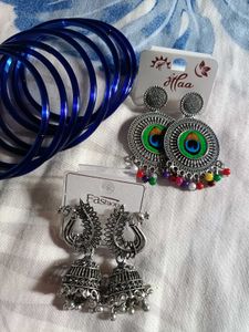 Peacock Earrings & silver jhumka