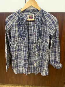 Blue Plaid Button-Up Top with Ruffles