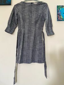 Chic Grey Textured A-Line Dress with Belt