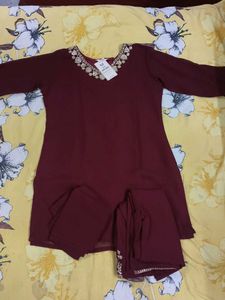 Maroon Kurta Set with Embellished Neckline