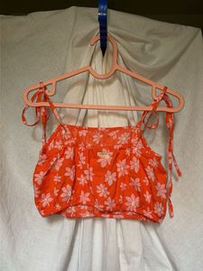 Orange Floral Cotton Tie-Strap Crop Top