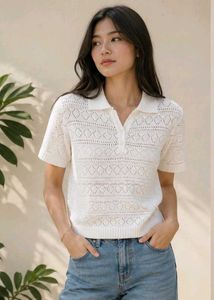 White Crochet Knit Polo Top