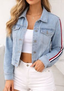 New Women's Denim Jacket with Striped Sleeves