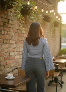 checkered crop top for women with bell sleeves Chi