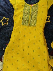 Yellow Kurta with Green Embroidery