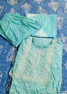 Teal Embroidered Kurta Set With Dupatta