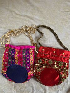 Festive Potli Bags Set - Red and Pink
