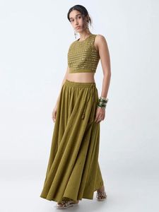 Utsa mirror worked olive green blouse