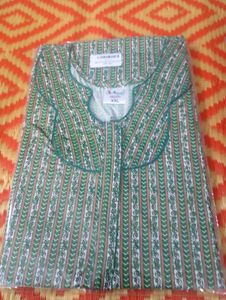 Green Striped Cotton Nighty Zip Type XXL