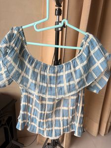 Blue &amp; White Checkered Off-Shoulder Top