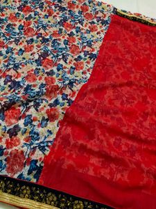 White & Red Shaded Saree