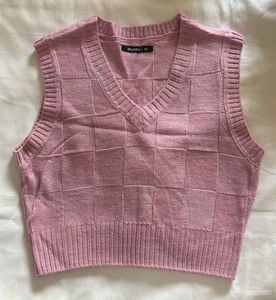 Pink Checkered V-Neck Sweater Vest
