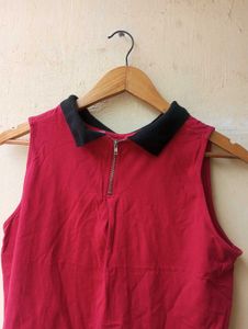 Sleeveless Red Collared Zip-Up Top (Women)