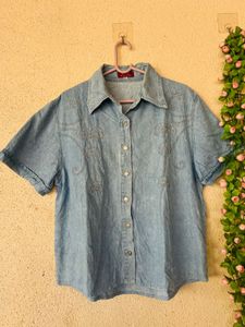 Embellished Denim Button-Up Shirt