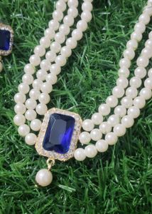 Elegant Pearl &amp; Blue Stone Necklace Set