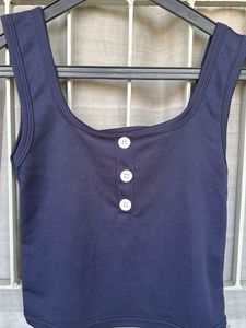 Navy Blue Button-Up Crop Top
