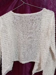 White Textured Open Cardigan with Bow Detail