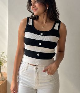 Striped Button-Up Knit Tank Top