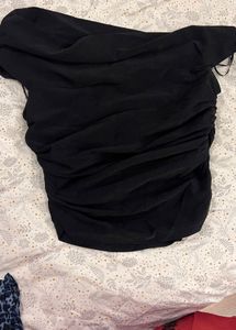 zara Asymmetric Black Draped Off-Shoulder Top
