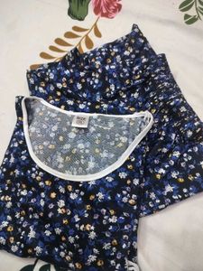 *Navy Blue Floral Print Cotton Night Suit for Wome