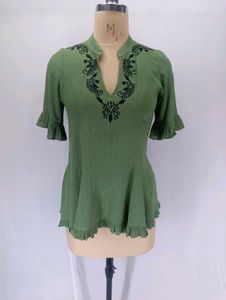 Green Embroidered Peplum Top