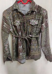 Bohemian Print Belted Long Sleeve Top