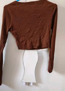 Brown Ribbed Cropped Henley Top