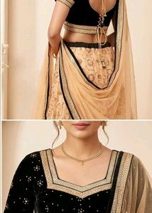 Elegant Black Velvet Blouse &amp; Beige Net Lehenga