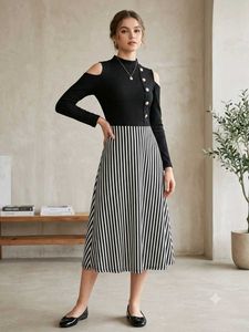 Stylish Black &amp; White Striped Cold Shoulder Dress