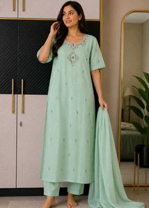 Elegant Mint Green Kurta Set with Intricate Embroi