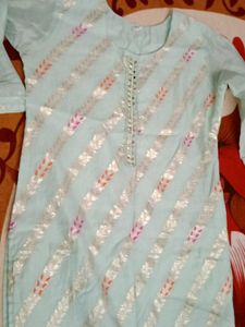 Light Blue Striped Kurta with Embellishments