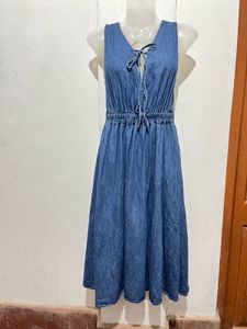 Denim Midi Dress with Tie Neck