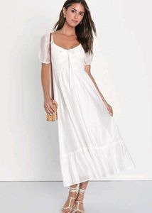 Chic White Puff Sleeve Midi Dress
