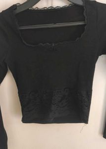 Black Lace Trim Long Sleeve Top