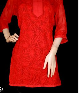 Red Chikankari embroidery Kurta