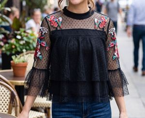 Nuon Sheer Embroidered Black Top