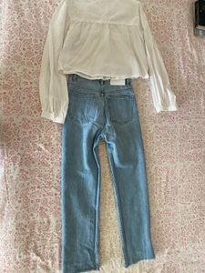 Zara High Waisted Jeans &amp; White Blouse