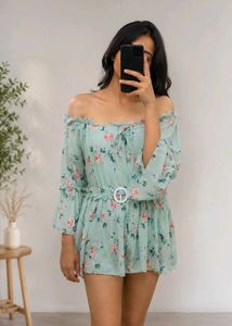 Mint Floral Off-Shoulder Chiffon Peplum Top